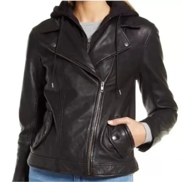 NEW, Caslon 100% Leather Moto Jacket With Removabl hood Black Size 1X#SJ1284